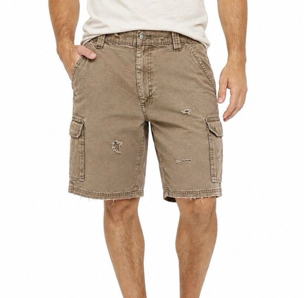 Y2K Men’s Distressed Ripstop Cargo Shorts Size 34 Thrashed Utility Work Grunge